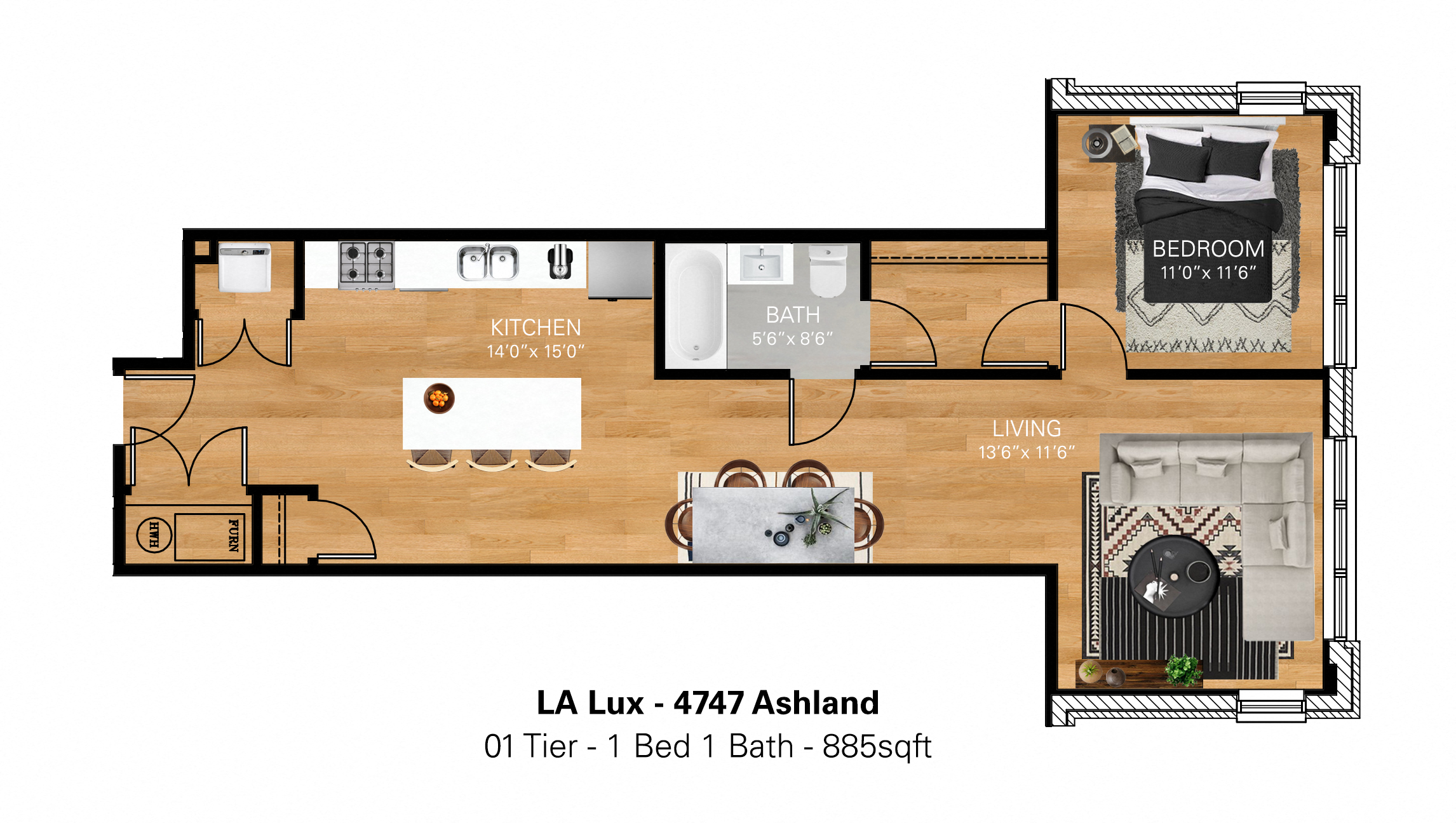 Floor plan for 1 bed, 1 bath, 885 sqft